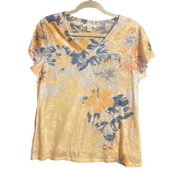 COLDWATER CREEK WOMENS T-SHIRT FLORAL WATERCOLOR BURN OUT LINED LARGE (14) - Picture 1 of 7